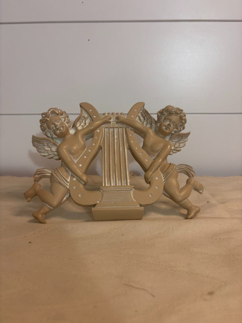 VTG Cherub Angel Wall Plaque Playing Harp Hollywood Regency Decor